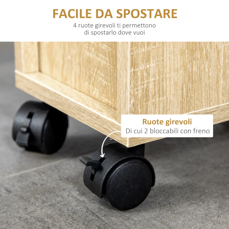 Kleankin Armadietto da Bagno a Colonna, Mobile Bagno con 4 Ruote, 1 Cassetto 1 Armadietto con Anta 2 Armadietti Aperti, Color Rovere, 18x30x68.5 cm