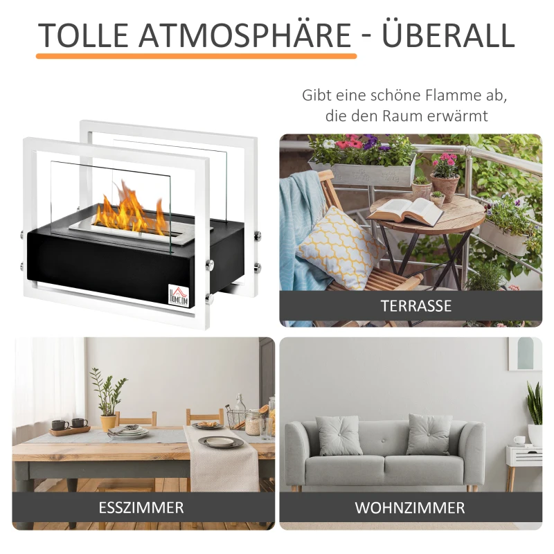 HOMCOM Biokamin Ethanol Kamin Bio Ethanol Brenner 1,5L Brenndauer kein Rauch Metall gehärtetes Glas Schwarz+Weiß 39,5 x 25 x 30 cm