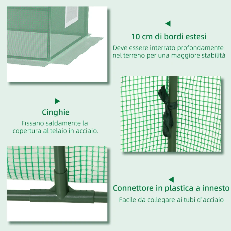 Outsunny Serra Piccola con 2 Finestrelle Laterali e Finestra Centrale, in Acciaio, PE e PP, 240x90x90 cm, Verde