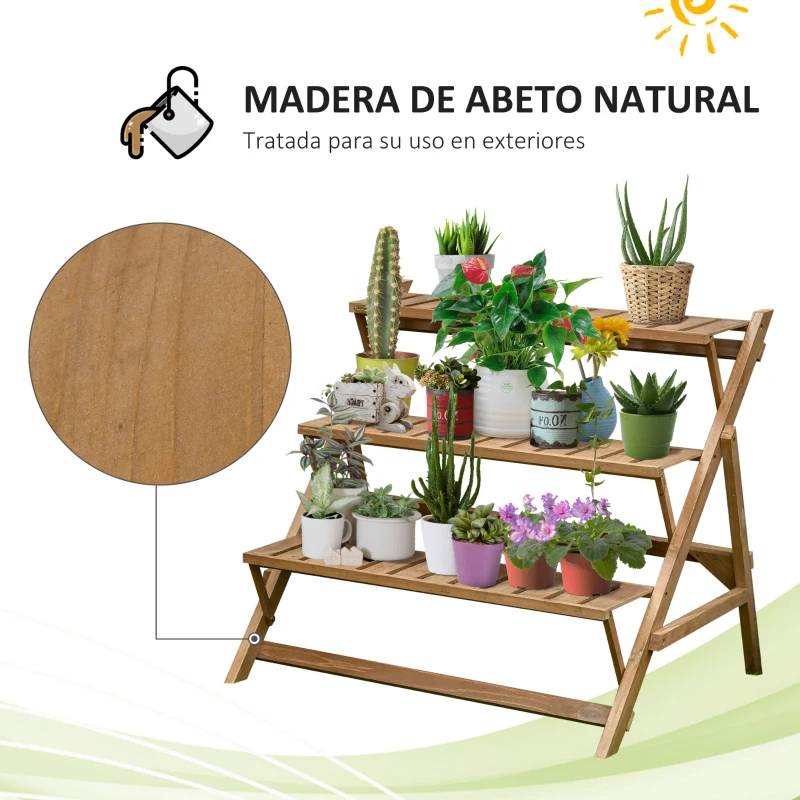 Outsunny Estantería para Plantas de Madera Soporte de Macetas con 3 Estantes Plegables en Forma Escalera para Decoración Interiores y Exteriores 101x83x88 cm Marrón
