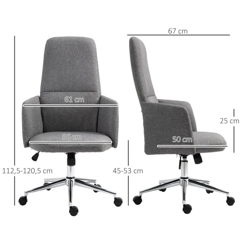 Vinsetto Bürostuhl Ergonomischer Drehstuhl mit Wippenfunktion Armlehne höhenverstellbar Kunstleinen Metall Grau 61 x 67 x 112,5-120,5 cm