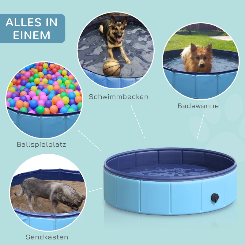 PawHut Hundebadewanne faltbar Badewanne Hundepool Plantschbecken Swimmingpool Wasserbecken für Hunde und Katzen Schwimmbecken Kunststoff+Holz Blau Ø80 x H20 cm