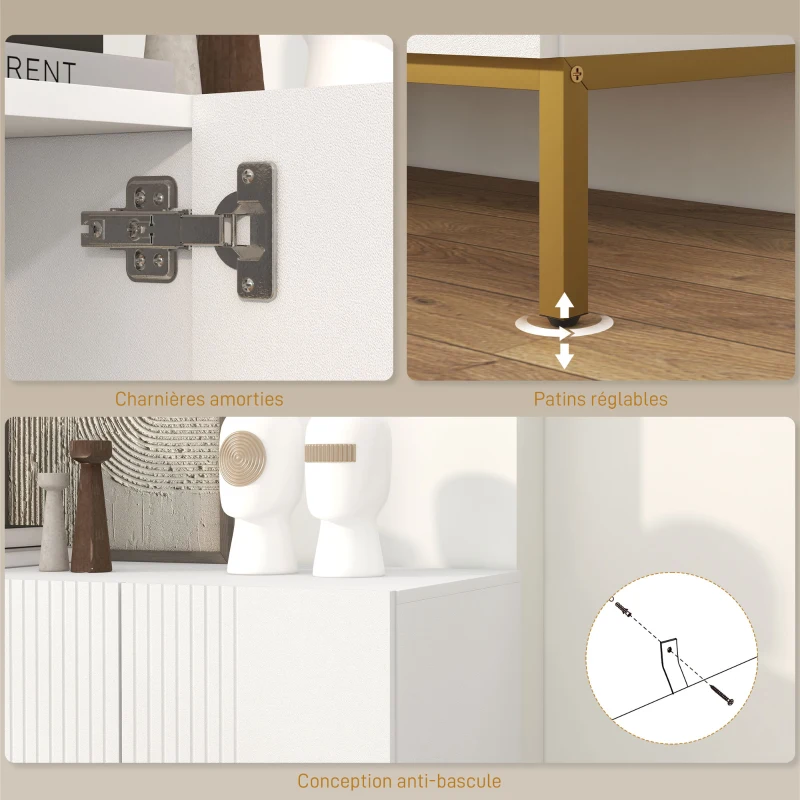 HOMCOM Buffet design contemporain graphique 2 placards porte étagères réglables en bois blanc métal doré
