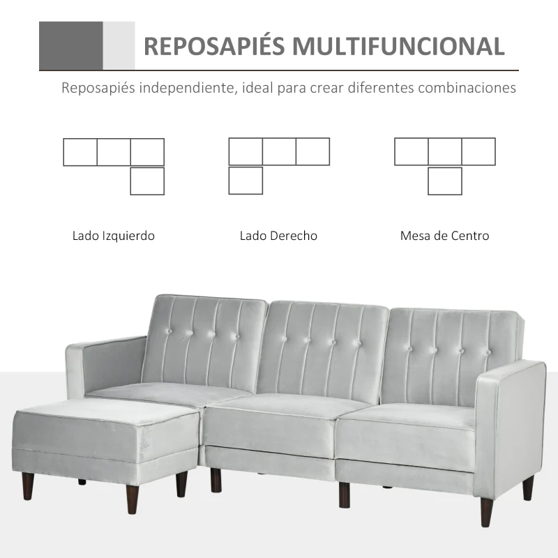 HOMCOM Sofá Cama con Chaise Longue de 3 Plazas Tacto aterciopelado con Respaldo Ajustable 218x85x86 cm Gris