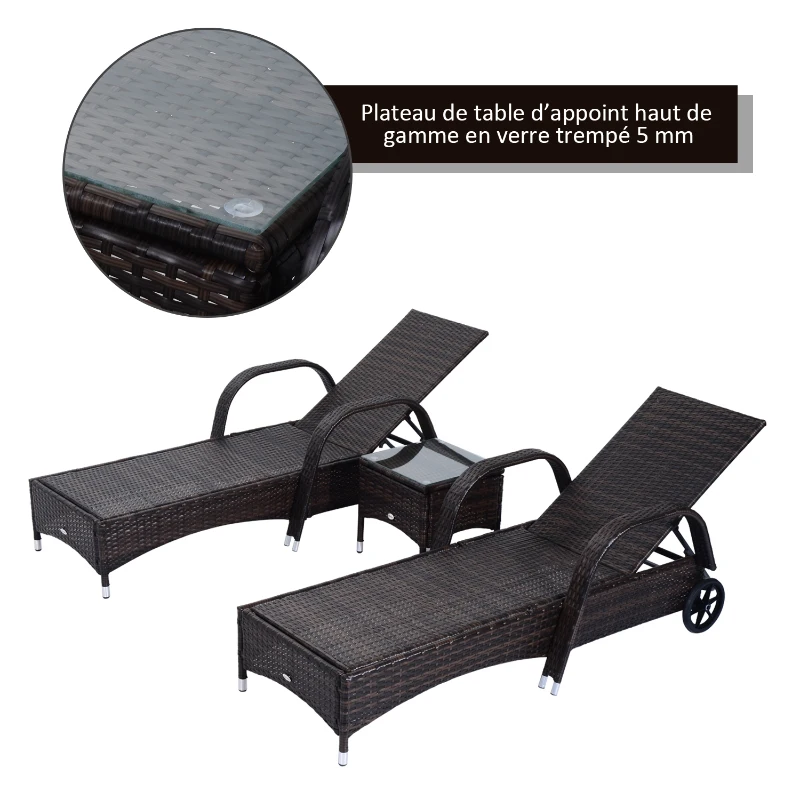 Outsunny Lot de 2 Bains de Soleil en Résine Tressée Marron