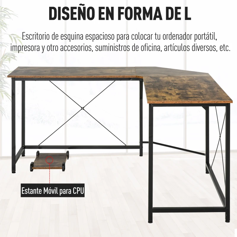 HOMCOM Escritorio de Esquina Mesa de Ordenador PC en Forma de L con Soporte para CPU Estilo Industrial Retro para Oficina Estudio 150x150x75 cm Marrón Rústico