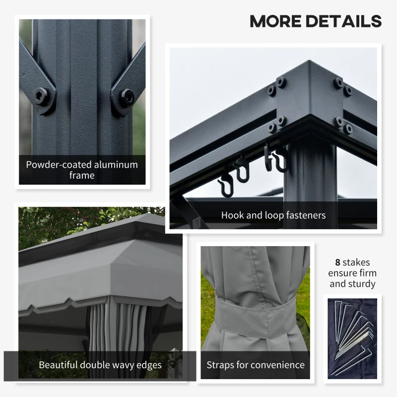 Outsunny 3 x 4m Aluminium Garden Gazebo, Marquee Canopy Shelter Pavilion Party Tent with Nets and Curtains for Garden and Deck, Light Grey