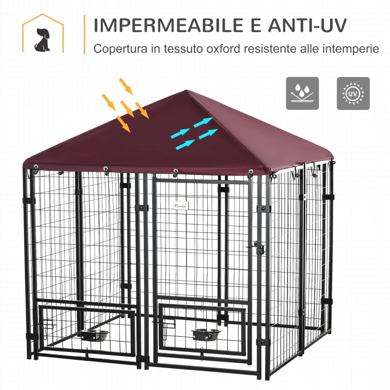 PawHut Recinto per Cani da Esterno con Serratura, 2 Ciotole Girevoli e Copertura Rimovibile, Nero e Rosso(m-4)