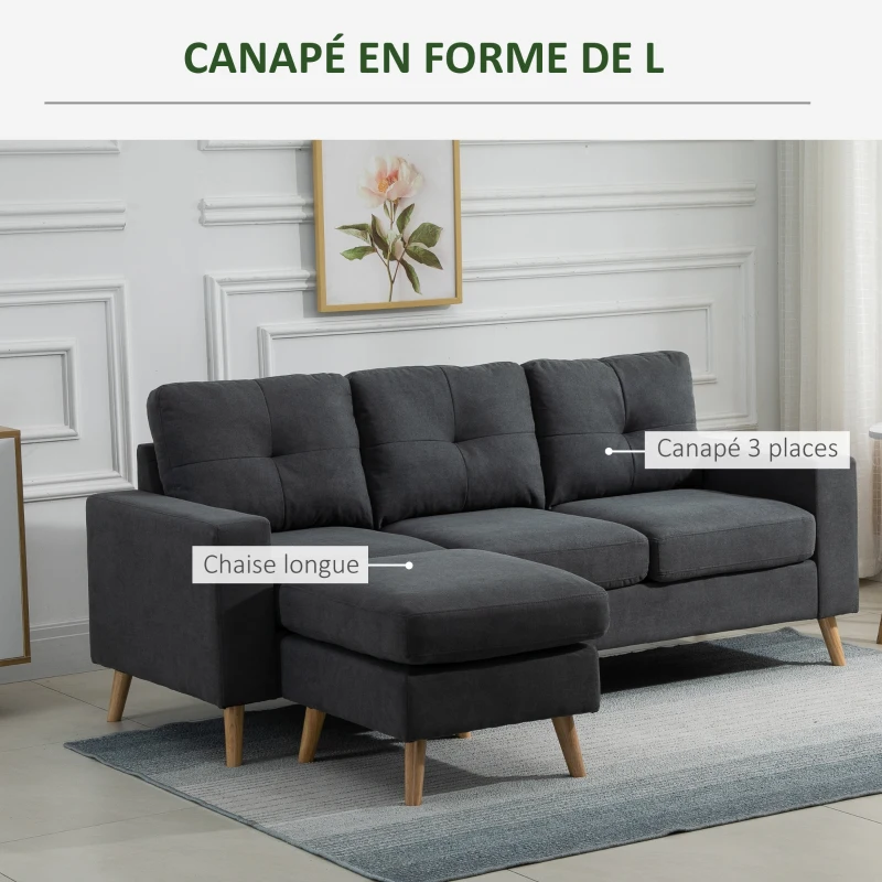 HOMCOM Canapé droit 3 places et pouf modulable avec accoudoirs design scandinave 193 x 136 x 85 cm gris anthracite