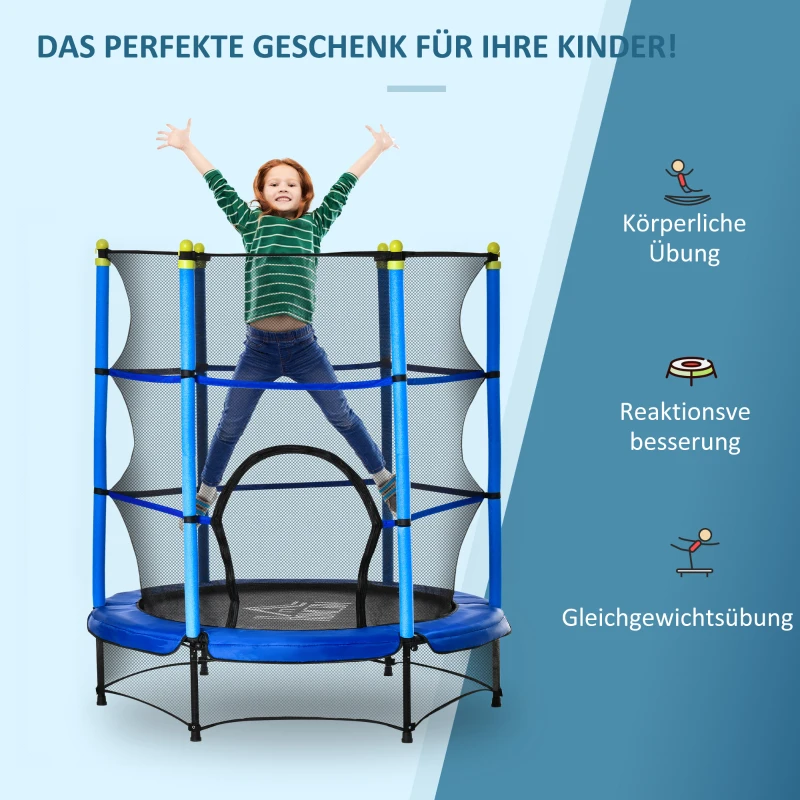 HOMCOM Trampolin Outdoor Ø140 cm, Kindertrampolin Gartentrampolin mit Sicherheitsnetz, Randabdeckung für Kinder 3-10 Jahre bis 50 kg belastbar Blau