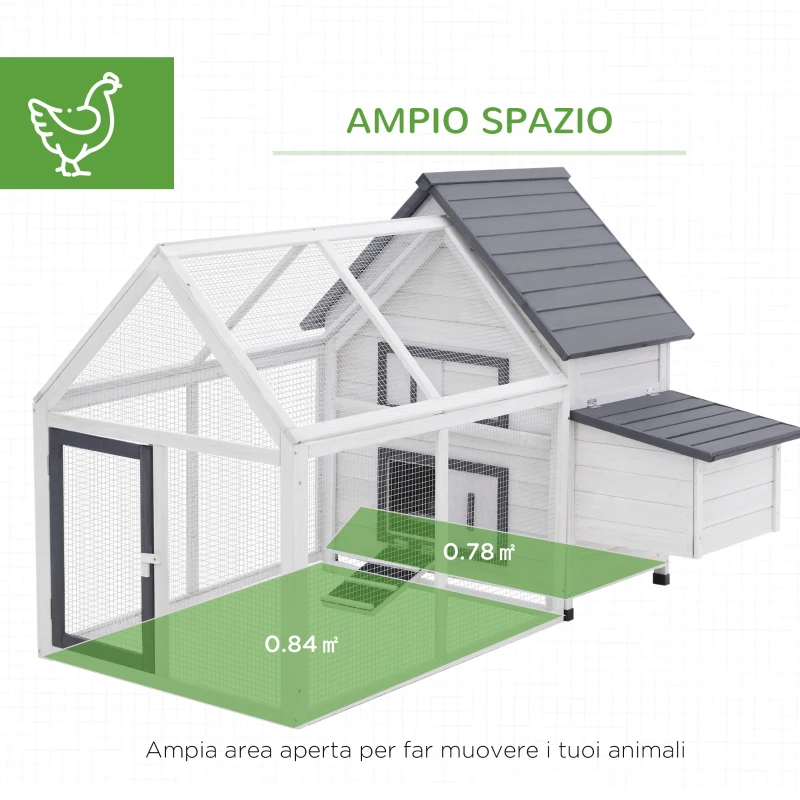 PawHut Gabbia per Galline con Corsa Tetto Impermeabile da Giardino, Pollaio per Galline Ovaiole da Esterno in Legno 166 x 124 x 112 cm