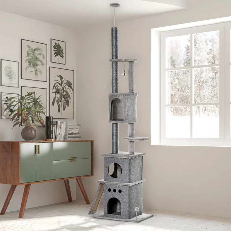 PawHut 255cm Floor To Ceiling Cat Tree for Indoor Cats Climber Scratching Post Adjustable Height Play Tower Removable Cover Grey