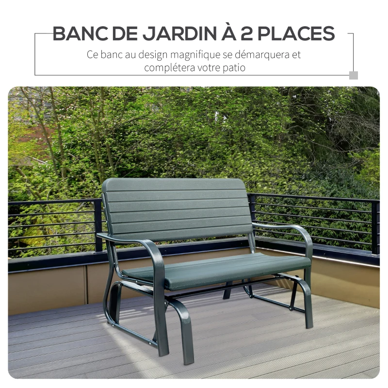 Outsunny Banc à Bascule de Jardin 2 Places - accoudoirs, Assise, Dossier Ergonomique - métal époxy HDPE Effet Grain Bois Vert fougère