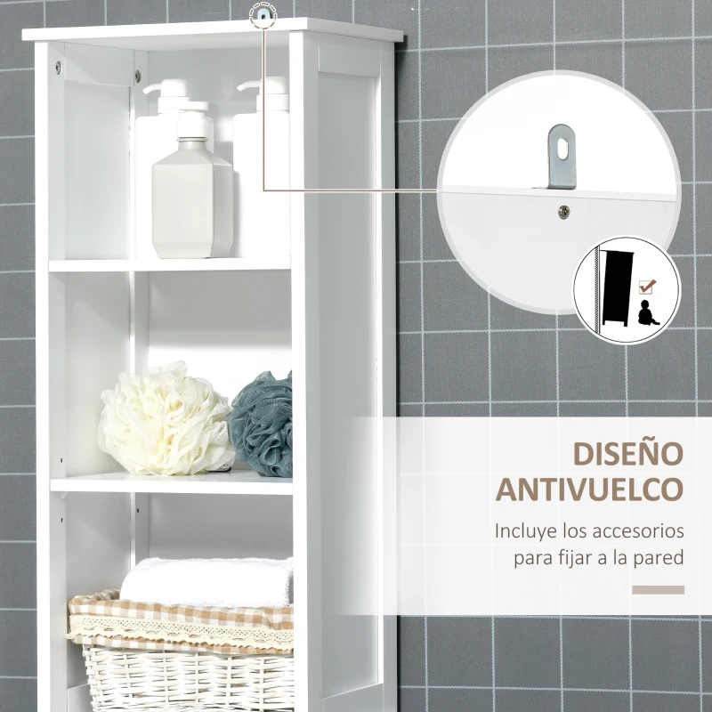 kleankin Armario Alto de Baño con Estantería de 6 Niveles 1 Puerta y Estantes Ajustables Mueble Auxiliar de Almacenaje para Salón Cocina Antivuelco 34x26x172 cm Blanco