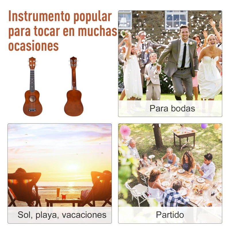 HOMCOM Ukelele Soprano para Principiantes con 4 Cuerdas de Nylon Ajustables Juguete educativo 53x17,5x6,2cm Marrón