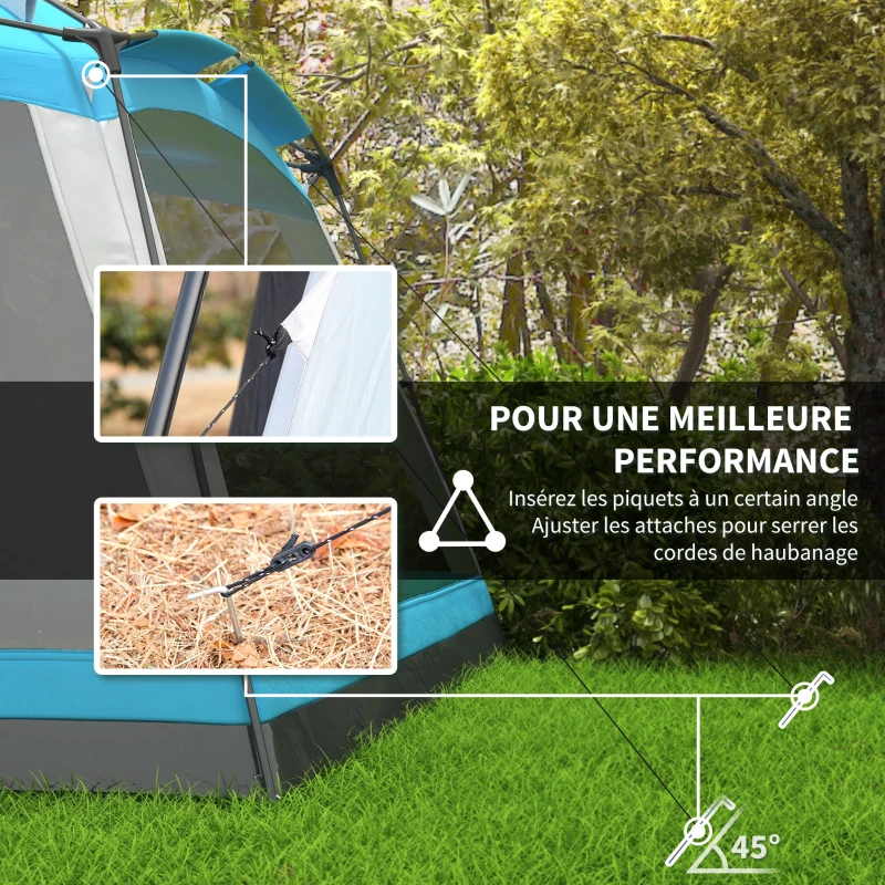 Outsunny Tente de camping familiale - tente dôme 8 personnes tente dôme étanche légère ventilée facile à monter avec sac de transport 4 parois en maille - dim. 360L x 360l x 220H cm bleu clair
