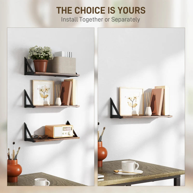HOMCOM Set of 3 Wall Shelves, 43cm Vintage Wall Mounted Floating Shelves for Living Room, Entryway, Bedroom, Rustic Brown