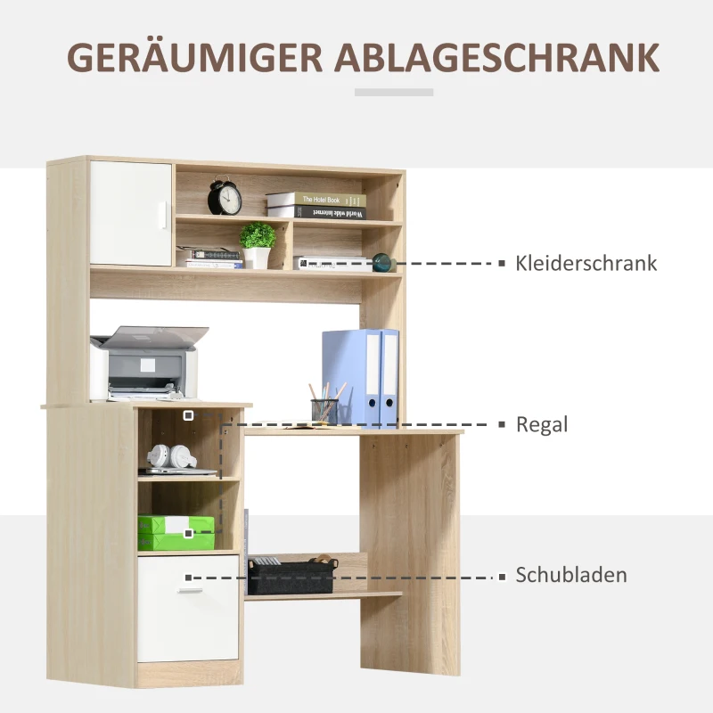 HOMCOM Schreibtisch Computertisch mit Bücherregal Home-Office Wohnzimmer Büro Eiche Weiß Spanplatte 120 x 60 x 160 cm