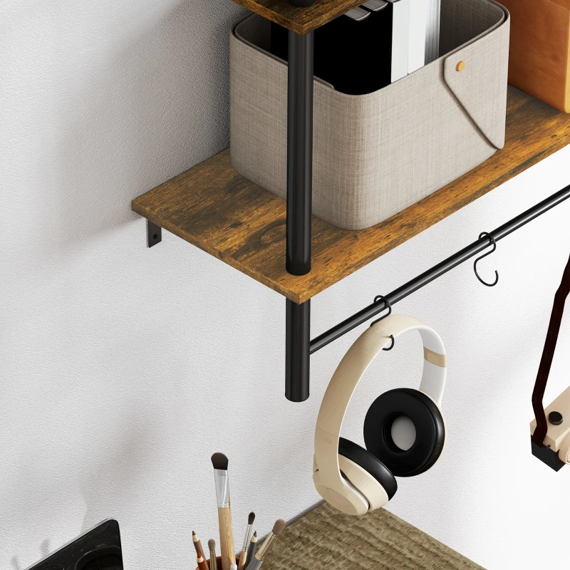 HOMCOM Wall Mounted Floating Shelves with 4 Hooks, Rustic Wall Shelf Unit for Living Room, Entryway, Rustic Brown
