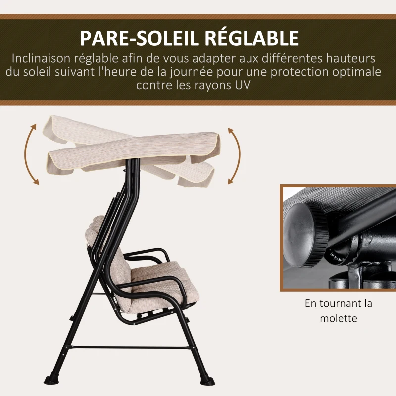Outsunny Balancelle de Jardin 3 Places Grand Confort Toit Inclinaison réglable épais Coussins Amovibles Polyester Acier époxy Beige