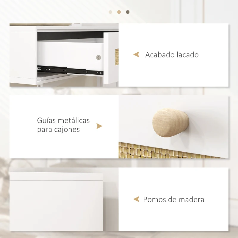 HOMCOM Consola Recibidor Mesa de Entrada con 2 Cajones de Diseño de Ratán y Estante Abierto para Pasillo 100x30x81 cm Blanco