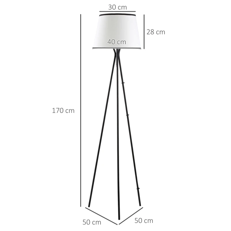 HOMCOM Lámpara de Pie con Trípode de Metal Pantalla de Tela E27 Máx. 40W e Interruptor de Pie Diseño Moderno para Salón Estudio Dormitorio 50x50x170 cm Blanco y Negro