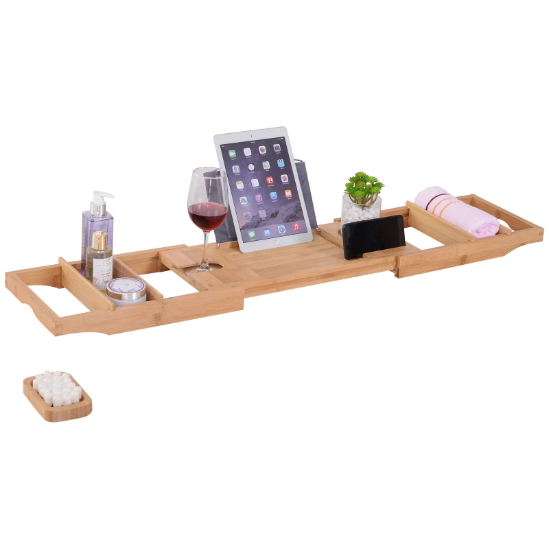 HOMCOM Pont tablette plateau de baignoire avec support de maintien rétractable 74-108L x 23l cm bambou