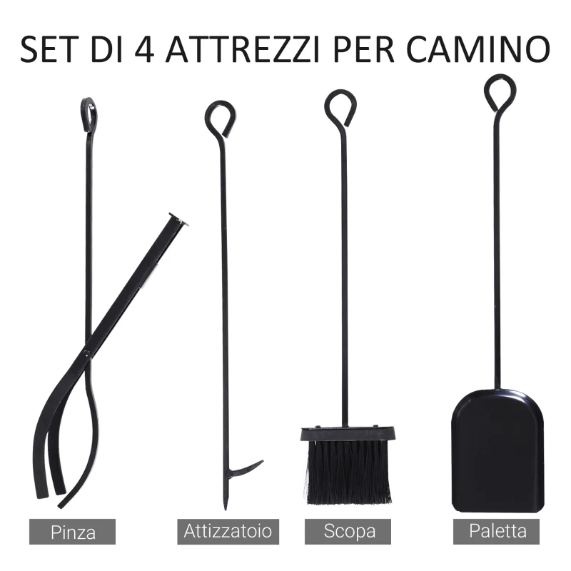 Outsunny Portalegna da Interno ed Esterno in Metallo con Paletta, Scopa, Attizzatoio e Pinza, Nero, 84x33x76cm