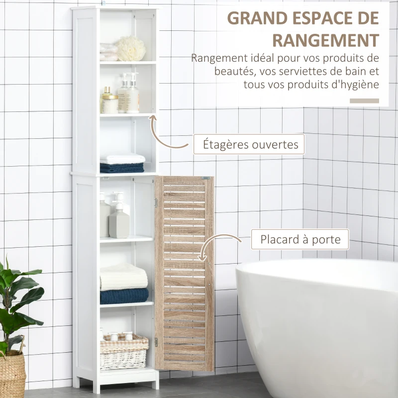 kleankin Meuble colonne rangement de salle de bain bicolore avec étagères et placard porte - dim. 34L x 30l x 172H cm - blanc et aspect bois