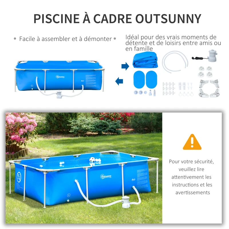 Outsunny Piscine Tubulaire Hors Sol rectangulaire Cadre en métal avec Filtre 252L x 152l x 65H cm Bleu