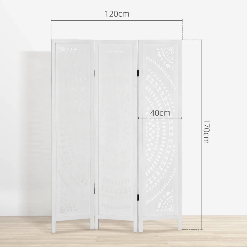 HOMCOM Separé Paravento da Interni Pieghevole a 3 Pannelli in Legno Intagliato, 120x170cm, Bianco