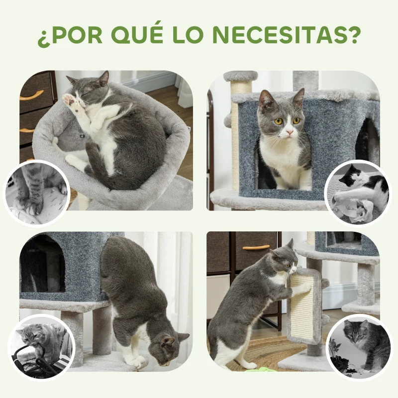 PawHut Árbol Rascador para Gatos Altura 104 cm con Plataformas Poste con Cepillo Bolas Colgantes y Almohadilla para Rascar Gris