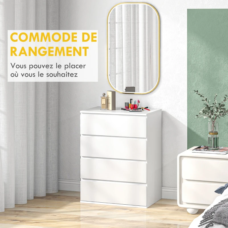 HOMCOM Commode 4 tiroirs meuble de rangement sans poignées design minimaliste 60 x 40 x 80 cm blanc