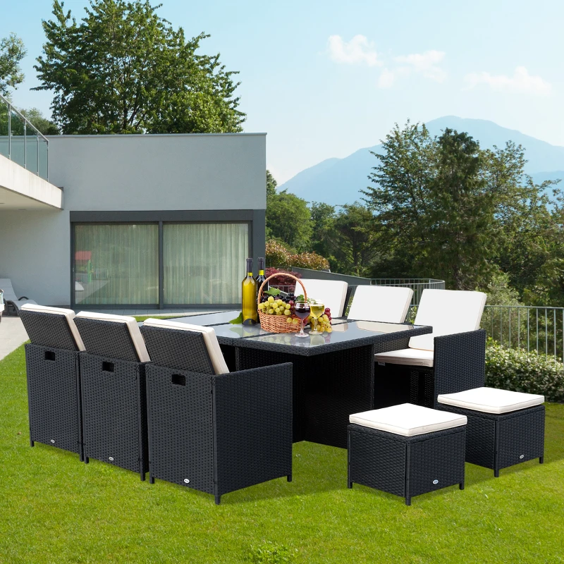 Outsunny Ensemble salon de jardin encastrable 10 places 6 fauteuils monoblocs 4 tabourets coussins déhoussables crème table plateau verre trempé résine tressée 4 fils noire