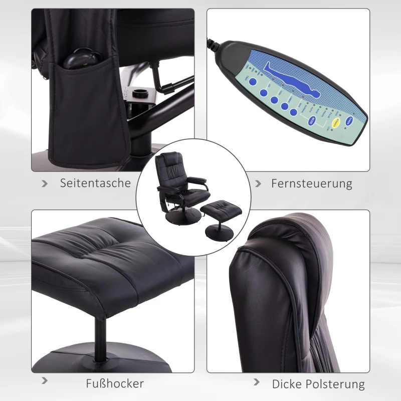 HOMCOM Massagesessel mit Hocker, Drehbares Relaxsessel mit Massagefunktion, Elektrisches Fernsehsessel mit Liegefunktion, Fernbedienung für Wohnzimmer, Kunstleder, Schwarz