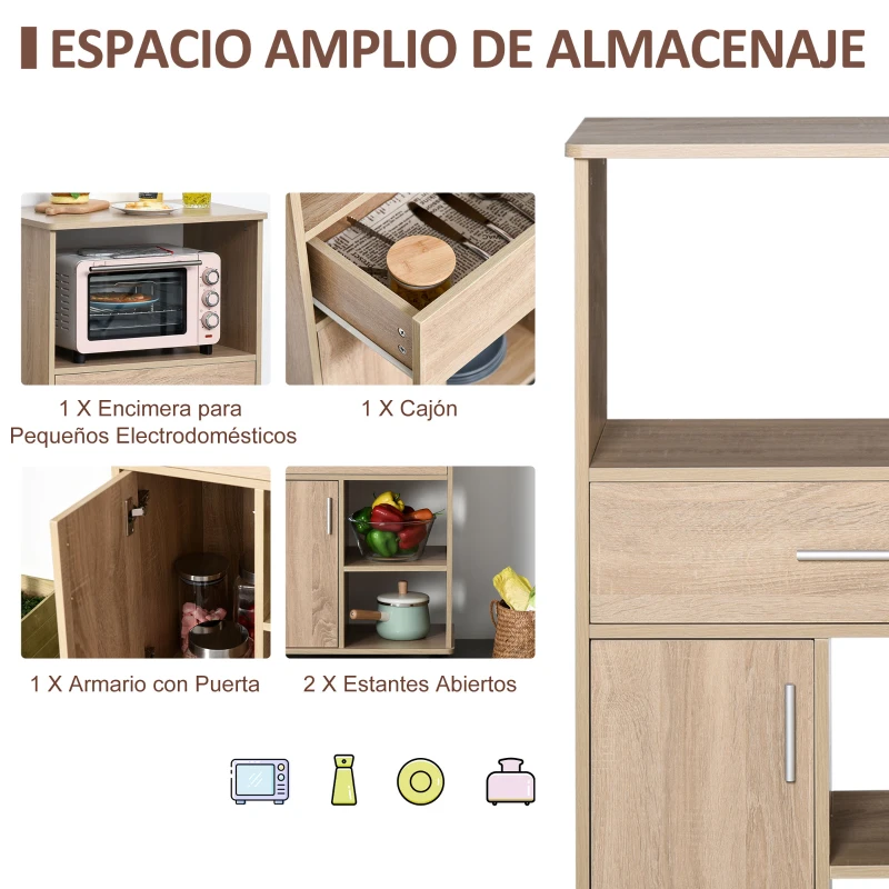 HOMCOM Carro de Cocina para Microondas Aparador de Almacenaje con 4 Ruedas y Frenos Cajón Estantes Abiertos Compartimento con Puerta 60x40x108 cm Roble