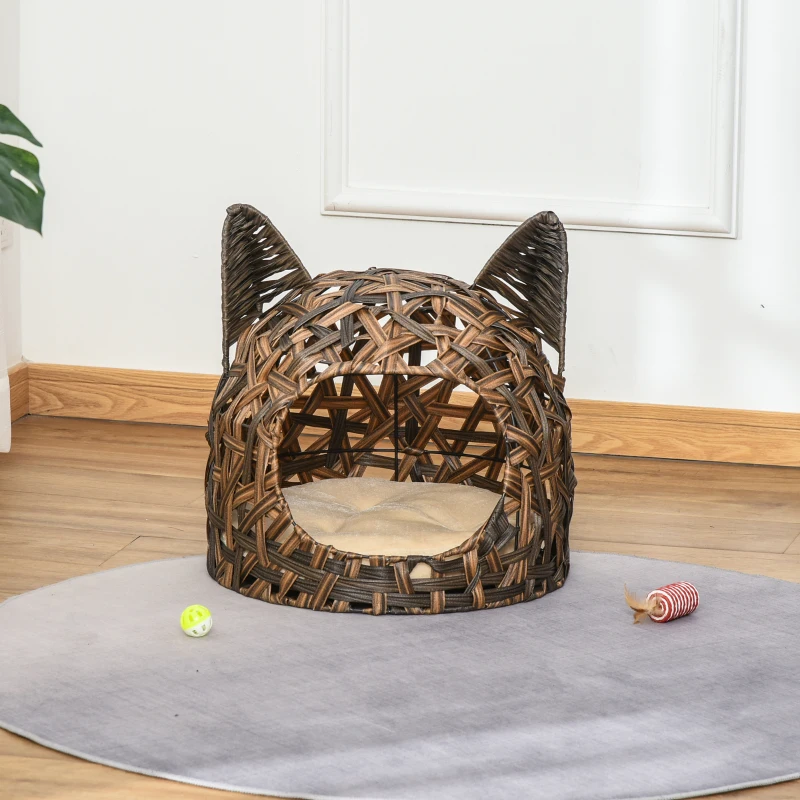 PawHut Cuccia per Gatti, Cesta per Gatti Adulti fino 4.5kg, Cesta in Vimini Sintetico a Forma di Gatto, Marrone