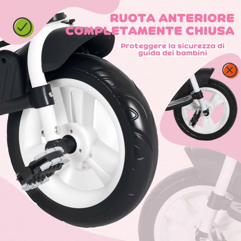 HOMCOM Triciclo per Bambini 1-5 Anni con Maniglione e Tettuccio Regolabile, 102x49x102 cm, Bianco e Rosa