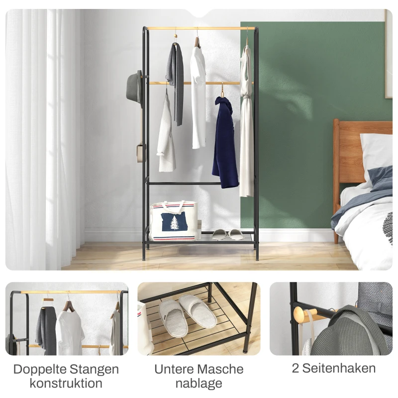HOMCOM Kleiderständer, 2 Kleiderstangen, Ablage & Haken, Bambus/Stahl, Schwarz