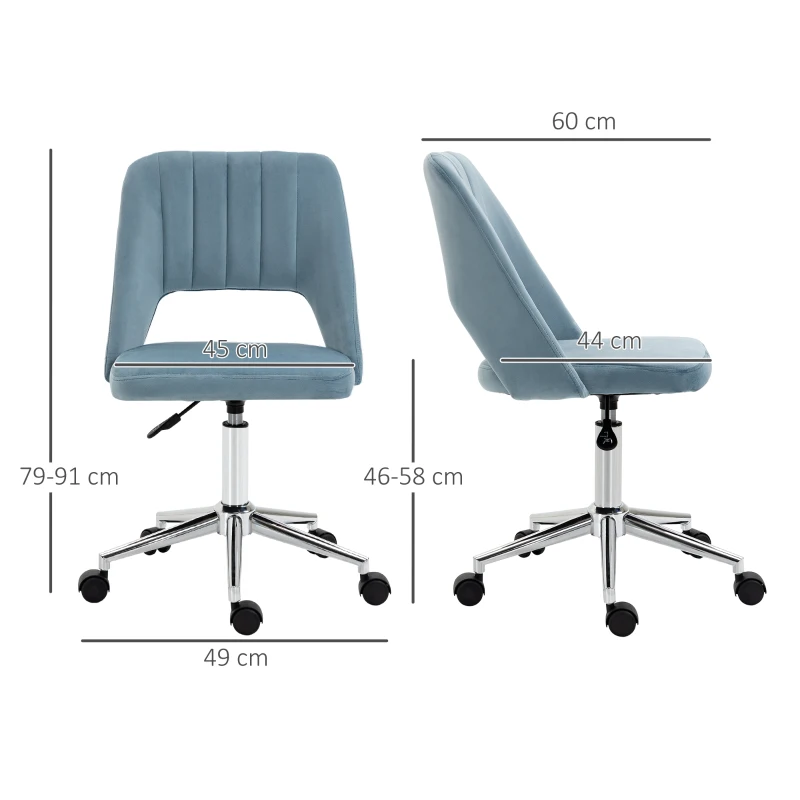 Vinsetto Schreibtischstuhl, Höhenverstellbar Homeoffice Stuhl ohne Armlehne, drehbar Bürostuhl mit Samtoptik, Ergonomisch Schminkstuhl für Schlafzimmer, Arbeitszimmer, Blau