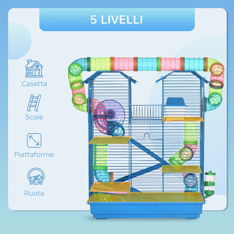 PawHut Gabbia per Criceti e Roditori a 5 Piani, Gabbietta per Criceti con Tubi Colorati, Ruota, Casetta e Accessori Inclusi, 47x30x59 cm, Blu