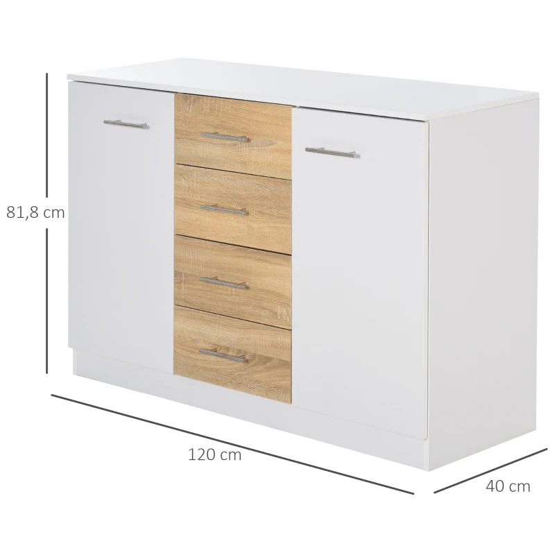 HOMCOM Buffet commode meuble de rangement 4 tiroirs coulissants 2 placards avec étagère blanc chêne clair