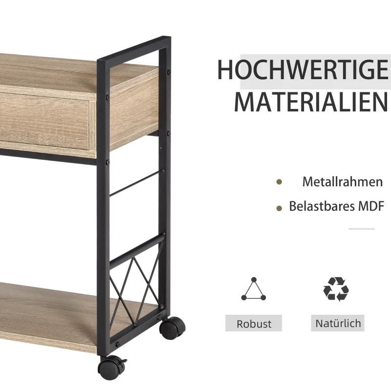HOMCOM Beistelltisch Servierwagen mit Rädern Küchenwagen Kaffeetisch mit Schublade Ablage Sideboard beweglich Spanplatte Natur 60 x 30 x 65 cm