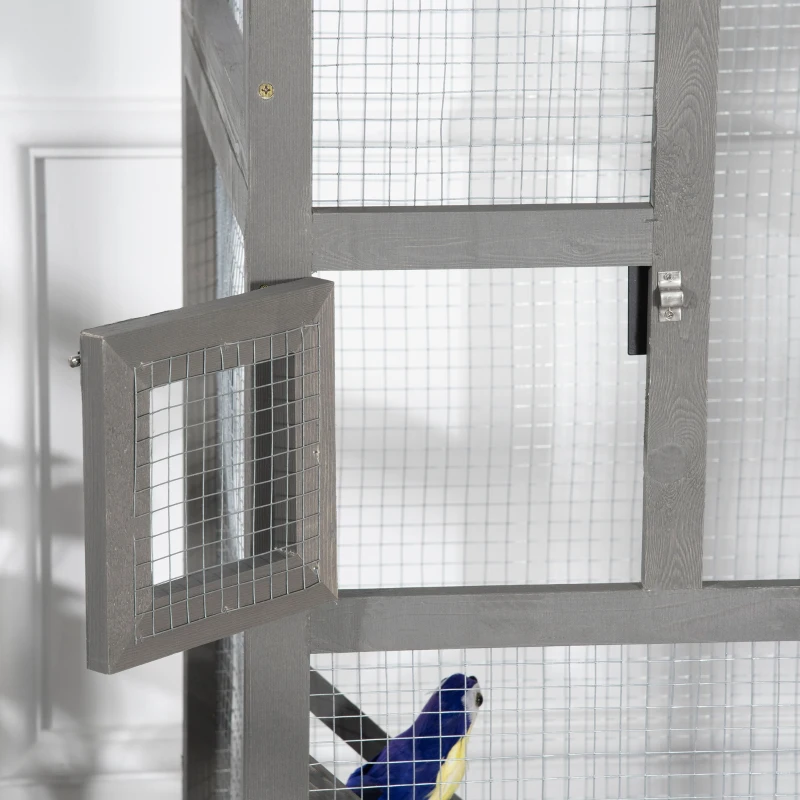 PawHut Cage à oiseaux volière en bois massif grande taille 2 portes toit asphalte tiroir amovible 68 x 63 x 165 cm gris