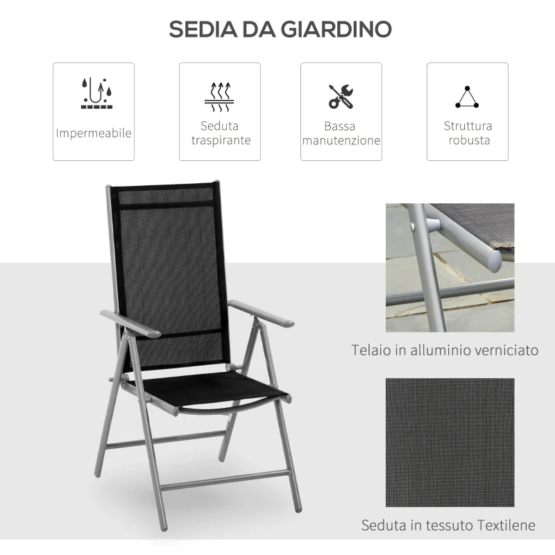 Outsunny Sedia da Giardino Pieghevole in Alluminio e Texteline Schienale Regolabile a 7 Livelli, Nero 65x55x85-105cm