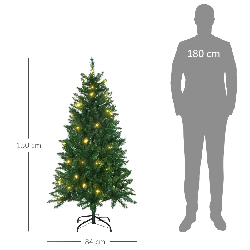 HOMCOM Árbol de Navidad Artificial con Luces Preinstaladas de 150 cm y 502 Ramas Decoración Navideña para Interior Verde