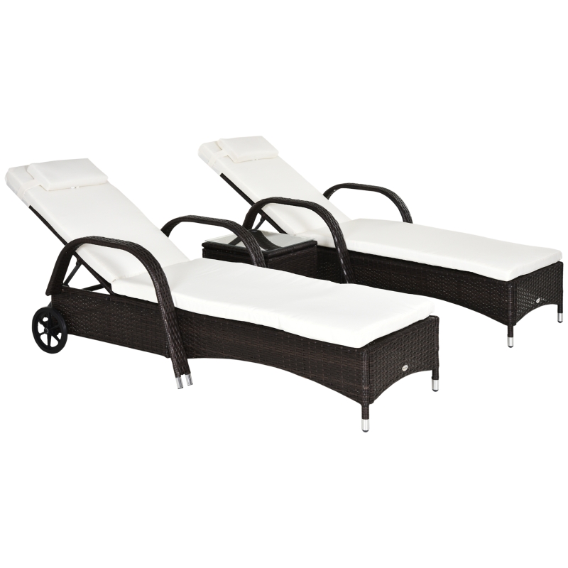 Outsunny 3er-Sonnenliegen-Set, 2x Gartenliege mit Beistelltisch, inkl. Liegeauflagen, Polyrattan, Braun+Cremeweiß
