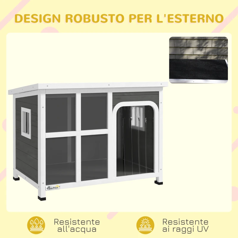 PawHut Casetta per Cani con Finestrelle e Ingresso a Tenda, in Legno di Abete, 90x62x71 cm, Grigio Chiaro