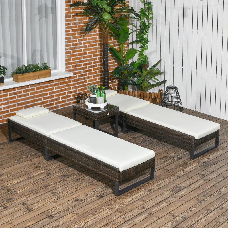 Outsunny Three-Piece Reclining Lounger Set, with Glass-Top Table - Cream