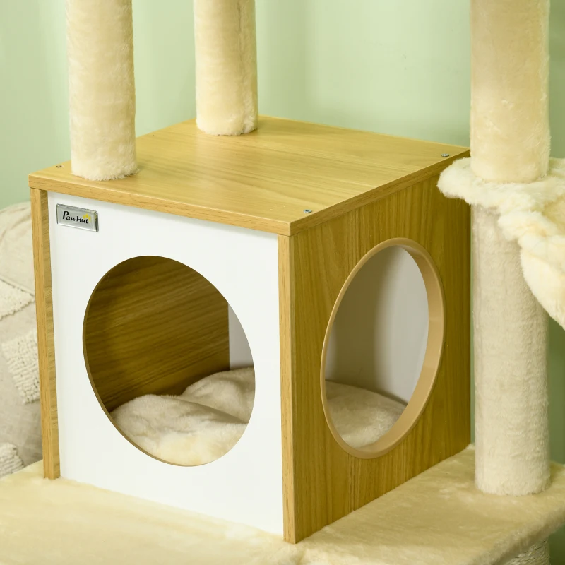 PawHut Albero per Gatti con Casetta, Tiragraffi per Gatti, Posatoio e Paletto, 48.5x48.5x141.5 cm, Beige